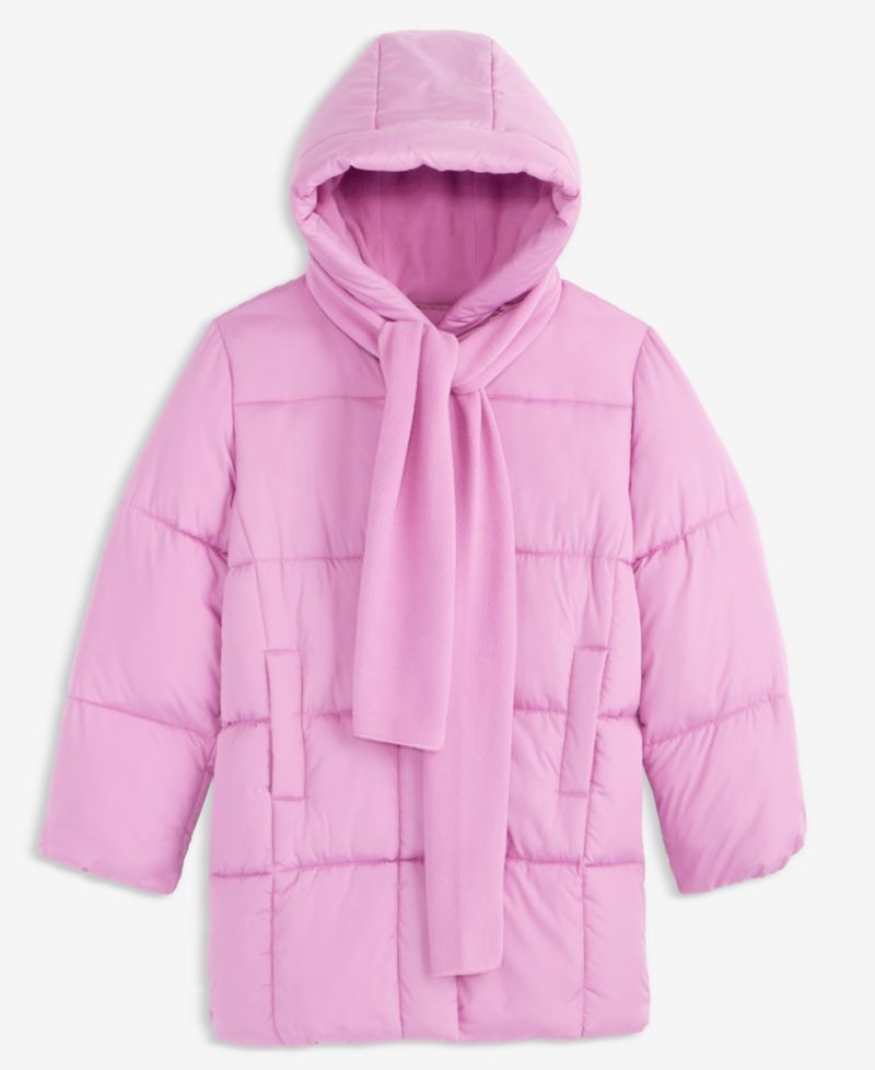 Girls' XS-XL Box Quilt Hooded Stadium Jacket With Scarf