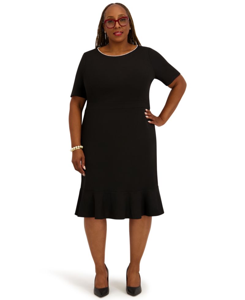 Women's Round Neck Knee Length Ruffle Skirt Dress, Regular and Plus Size