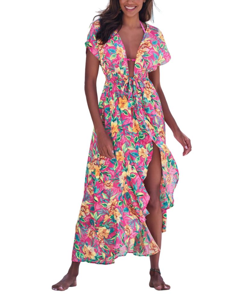 Women's Floral Print Flounce Hem Ruffle-Trim Swim Cover-Up