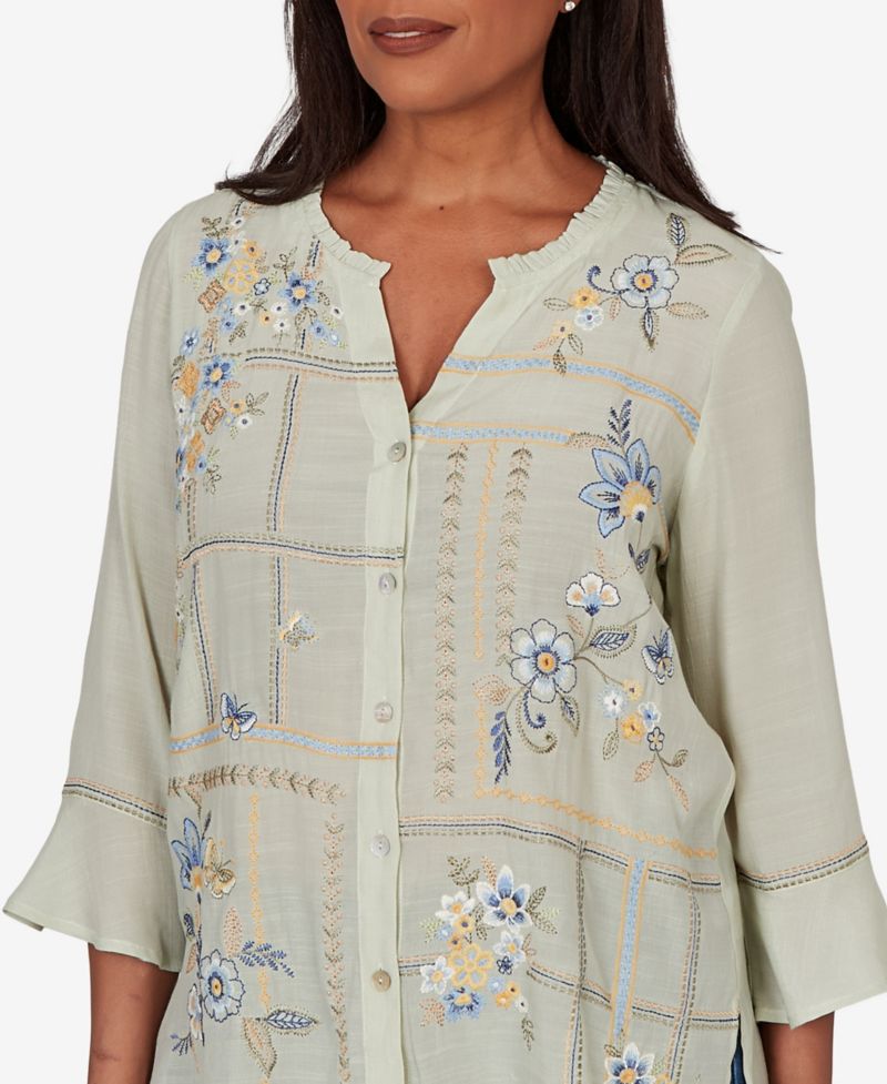Petite Floral Embroidered Squares Button-Front Top