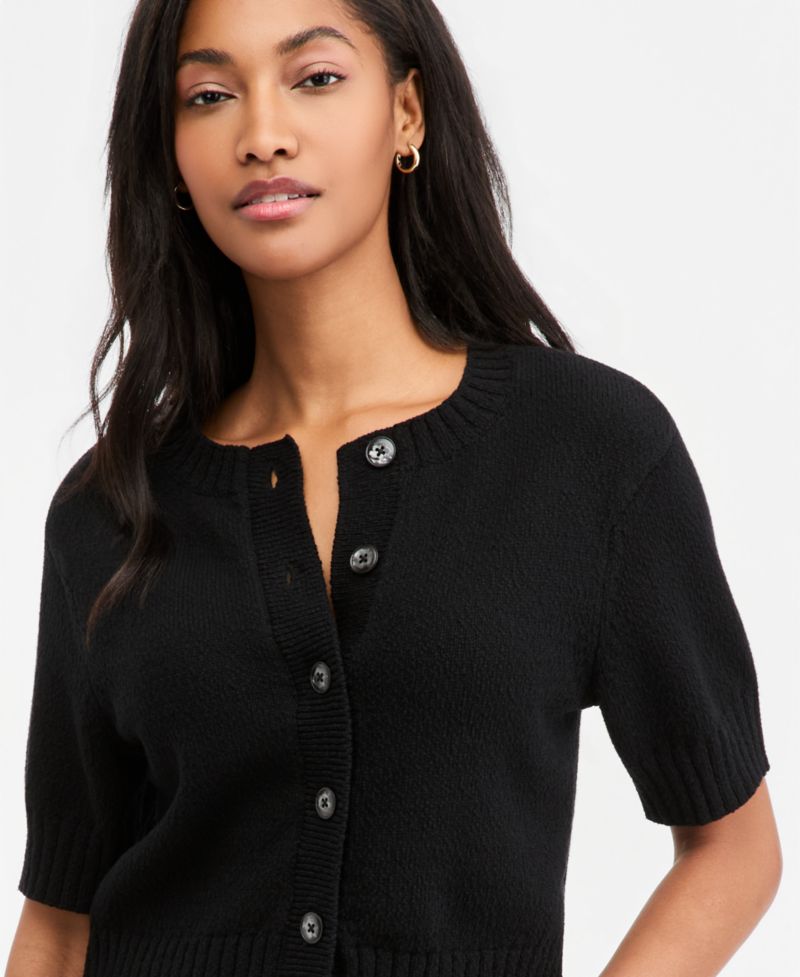 Women's Crewneck Short-Sleeve Textured Button-Front Cardigan