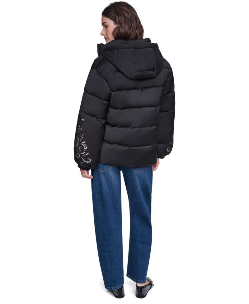 Women's Floral-Embroidered Short Hooded Puffer Jacket