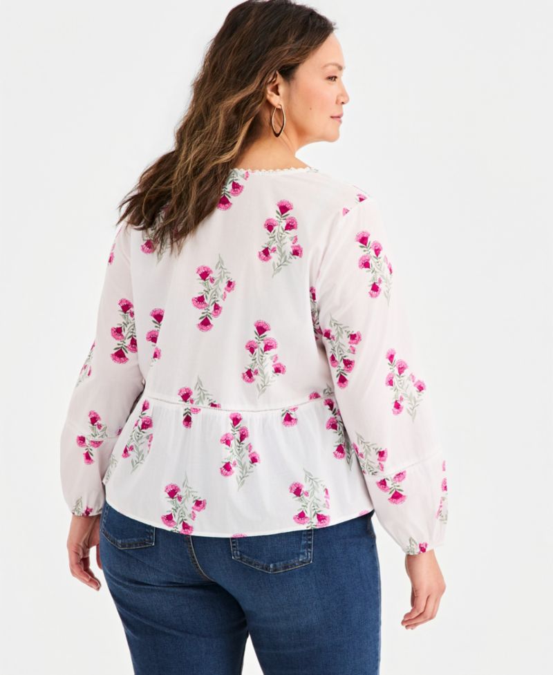 Plus Size Printed Split-Neck Peplum Popover Blouse
