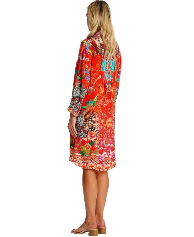 Women's Midi Summer Dress with Collared Neck, Short Sleeves, and Side Slits