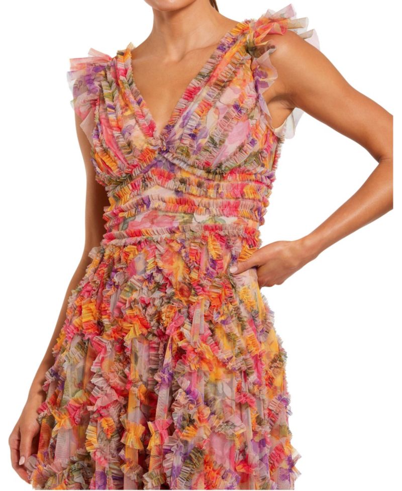 Petite Multicolor Floral V-Neck Ruffle Maxi Dress