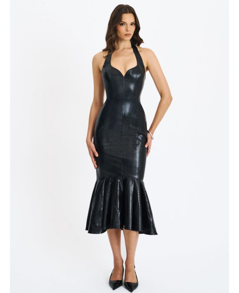 Women's Gardenia Black Leather Midi Sweetheart Halter Flared Dress