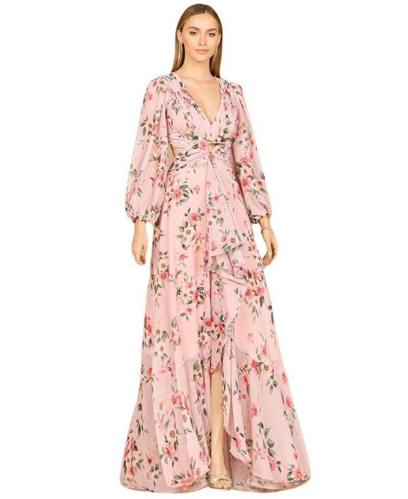 Women's Long Sleeve V-Neck, Layered Skirt Print Dress