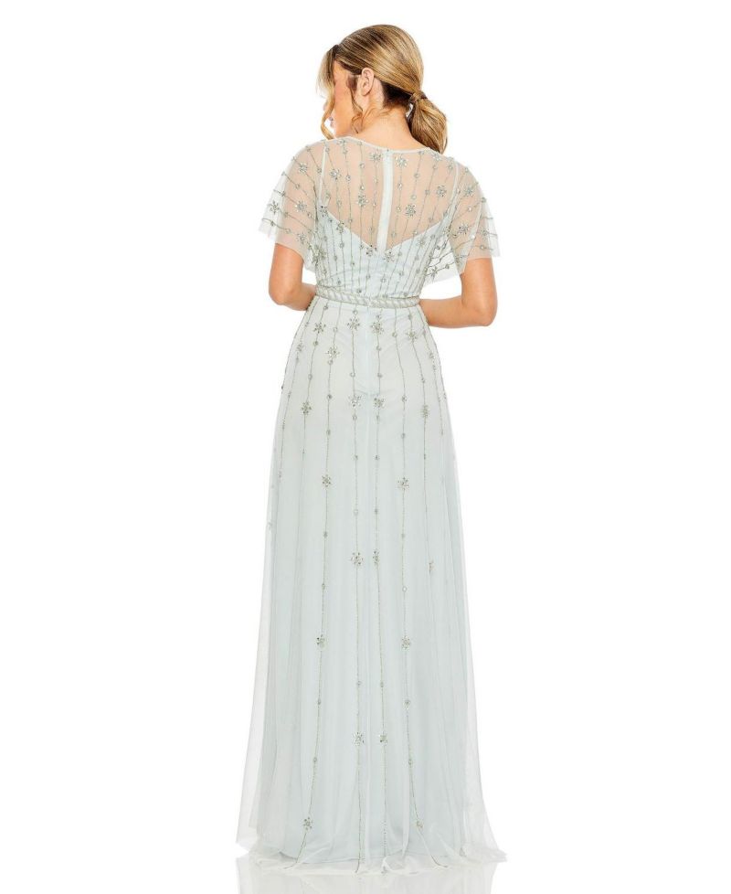 Women's V-Neck Embellished Flutter Sleeve A Line Gown