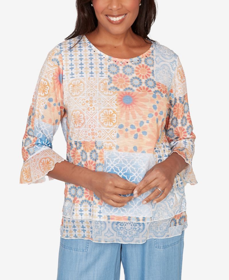 Women's Beachcomber Patchwork Medallion Ruffle Sleeve Top