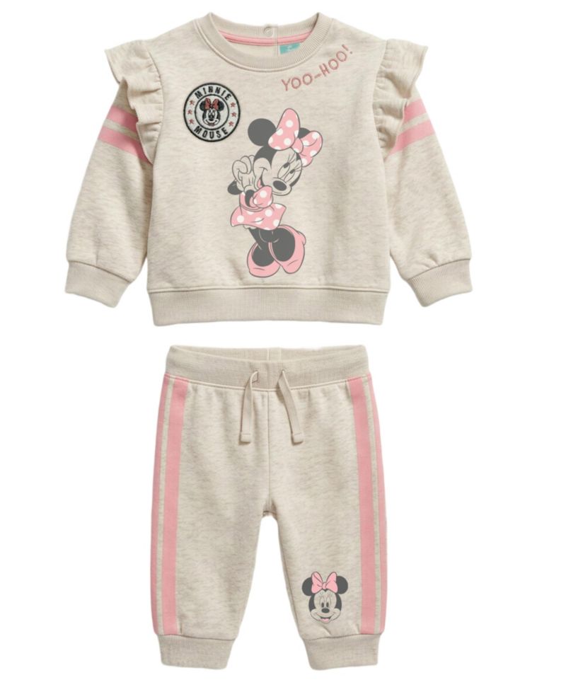 Baby Girls' Minnie Mouse Jogger Ruffle-Shoulder Long-Sleeve Sweatshirt and Jogger Pants, 2-Piece Set