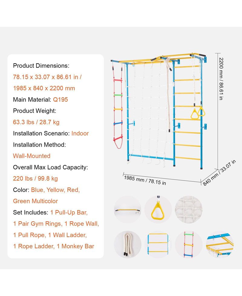 Toddler 7 in 1 Steel Indoor Wall Gym with Climbing Toys Ladder Slide and Swing