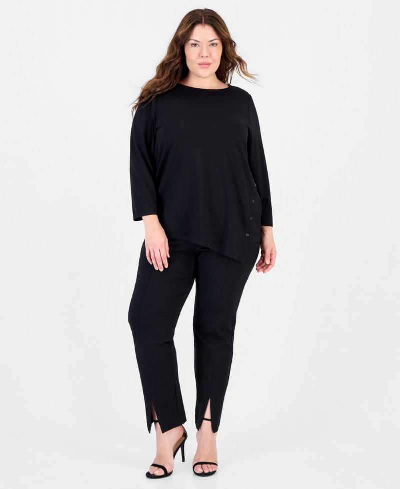 Plus Size Asymmetrical Button Serenity Knit 3/4-Sleeve Boat-Neck Tunic