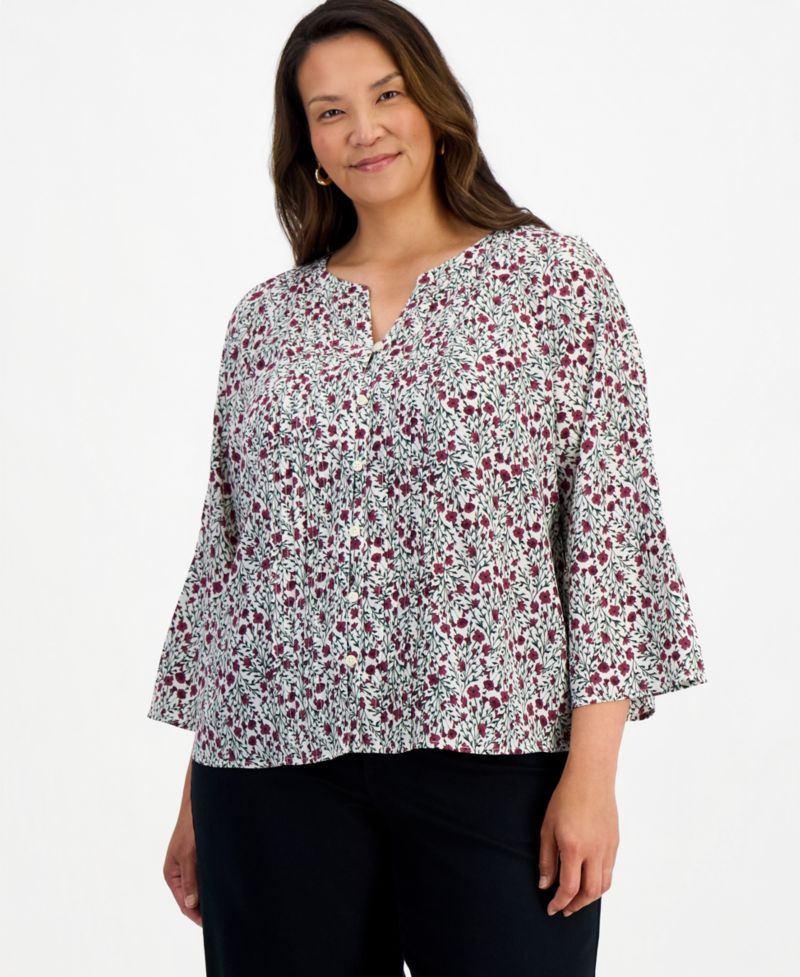 Plus Printed Bell-Sleeve Pintuck Blouse