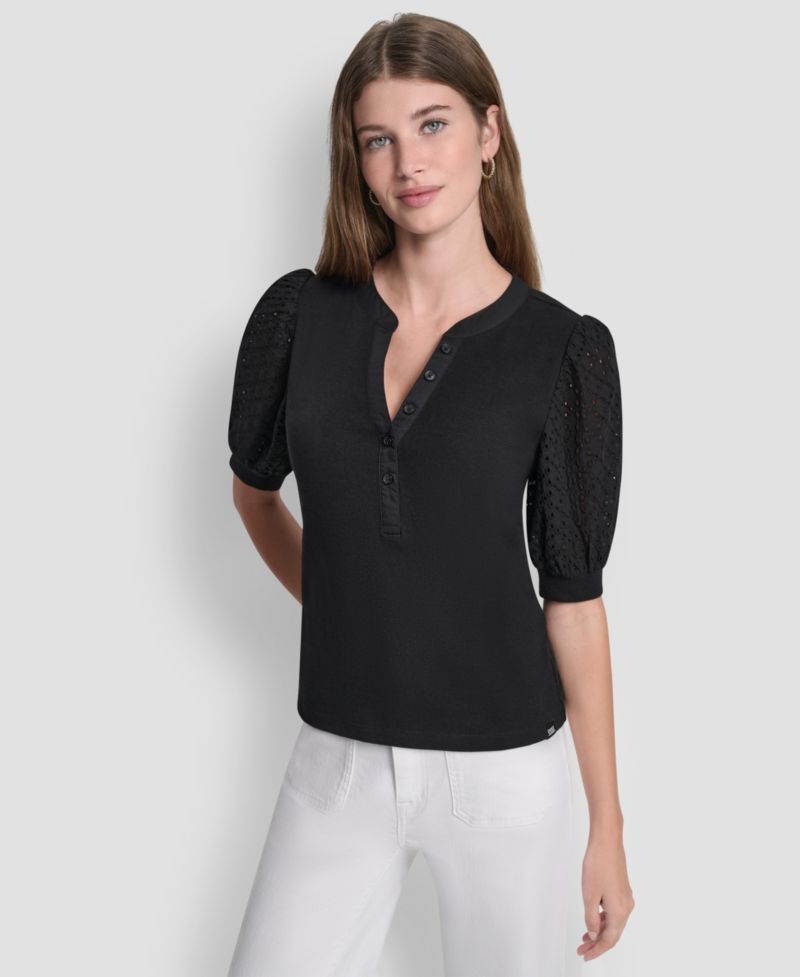 Petite Rib Body Eyelet V-Neck Top