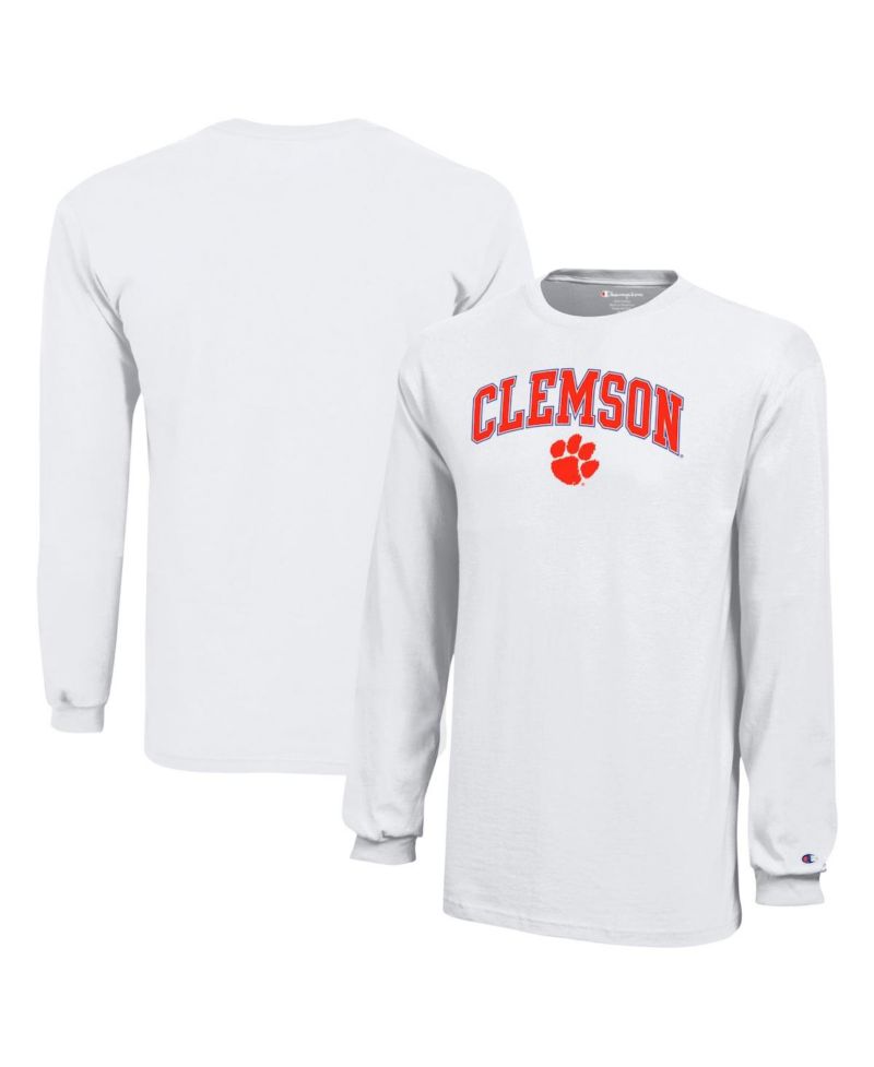 Big Boys and Girls White Clemson Tigers Arch Over Logo Long Sleeve T-Shirt