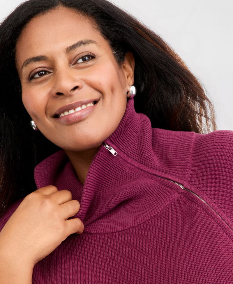 Petite High-Neck Zip Cotton Sweater