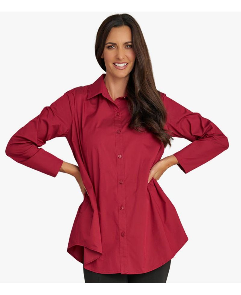Women's Cotton Poplin Button-Front A-Line Shirt Top Prime Time Tunic