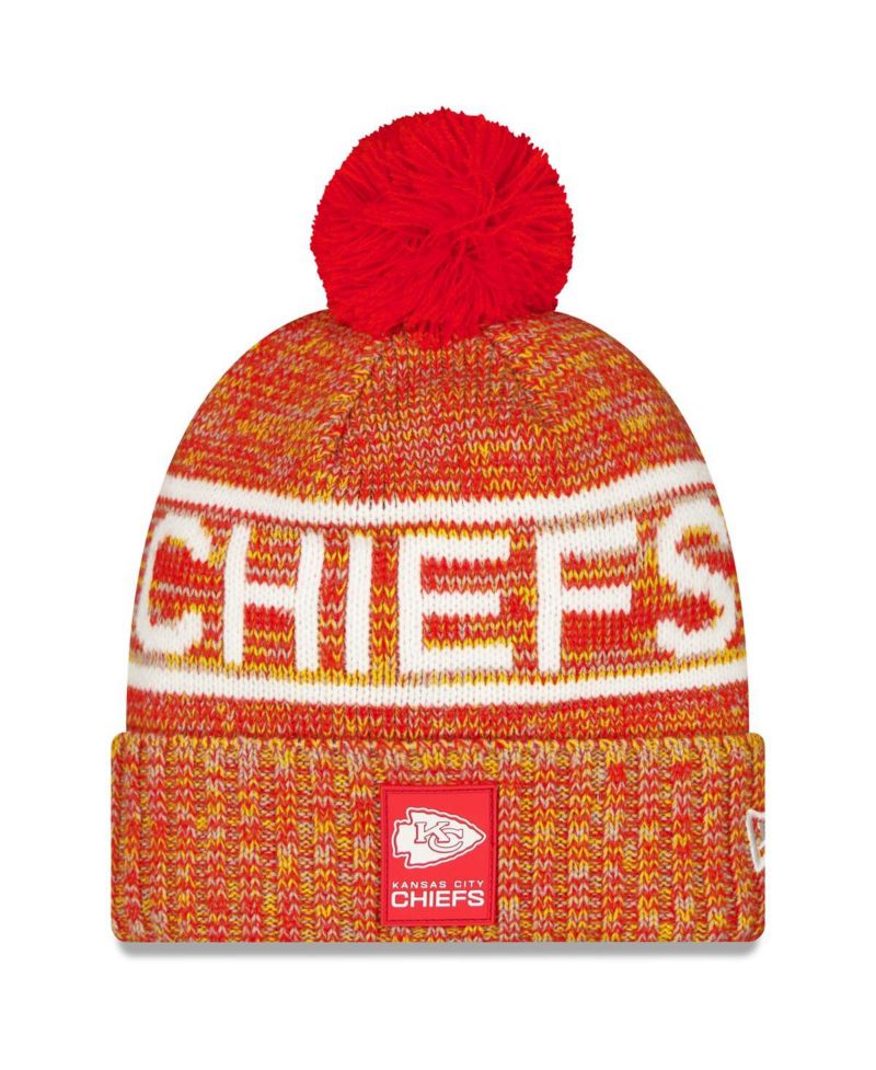 Men's Red Kansas City Chiefs 2025 Sideline Cold Weather Cuffed Knit with Pom Hat