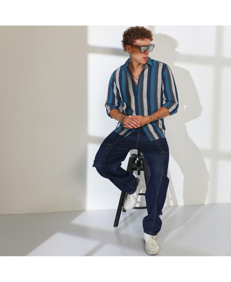 Men's Navy Blue & Ash Grey Block-Striped Shirt