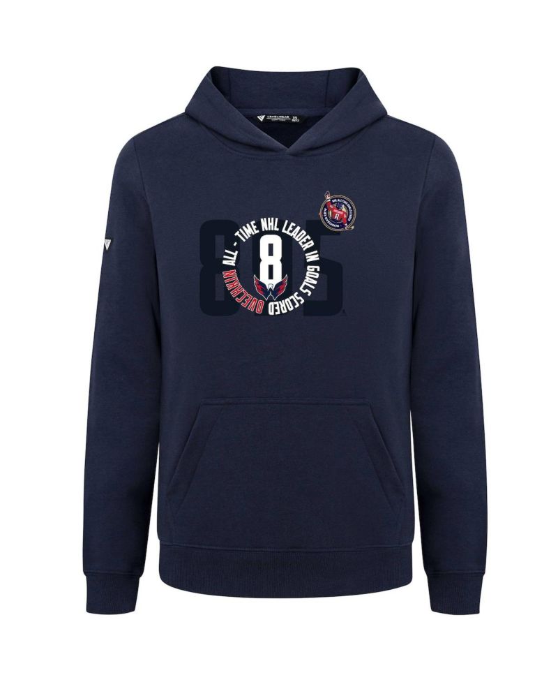 Big Boys and Girls Alexander Ovechkin Navy Washington Capitals NHL All-Time Leading Goal Scorer Milestone Name & Number Podium Pullover Hoodie
