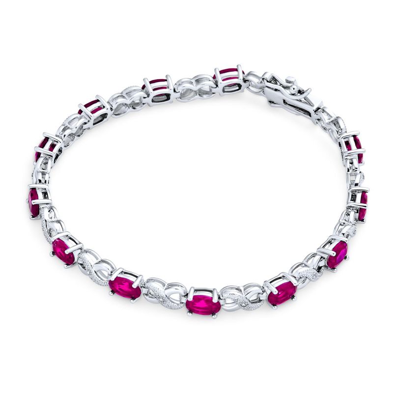 Birthstone Dark Pink Color CZ Oval Infinity Tennis Bracelet Silver Plated