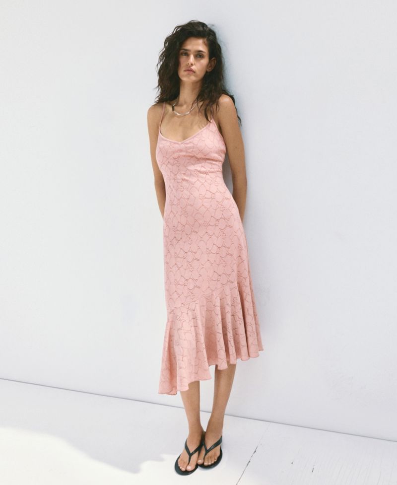 Women's V-Neck Openwork Floral-Print Midi Dress