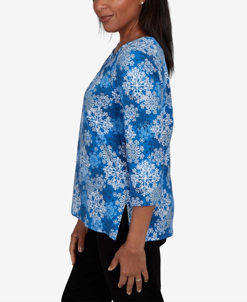 Women's Classic Blue Snowflake Print Knit Top