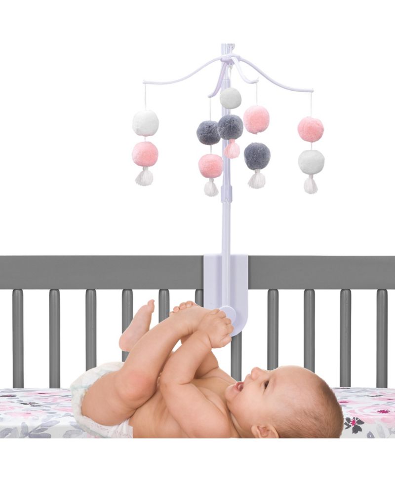 Blossom Pink/Gray Pom Pom Musical Baby Crib Mobile Soother Toy