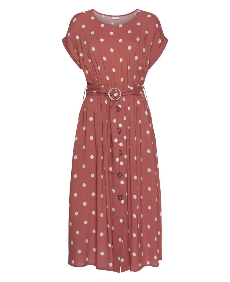 Women's Polka-Dot Short-Sleeve Belted Midi Dress