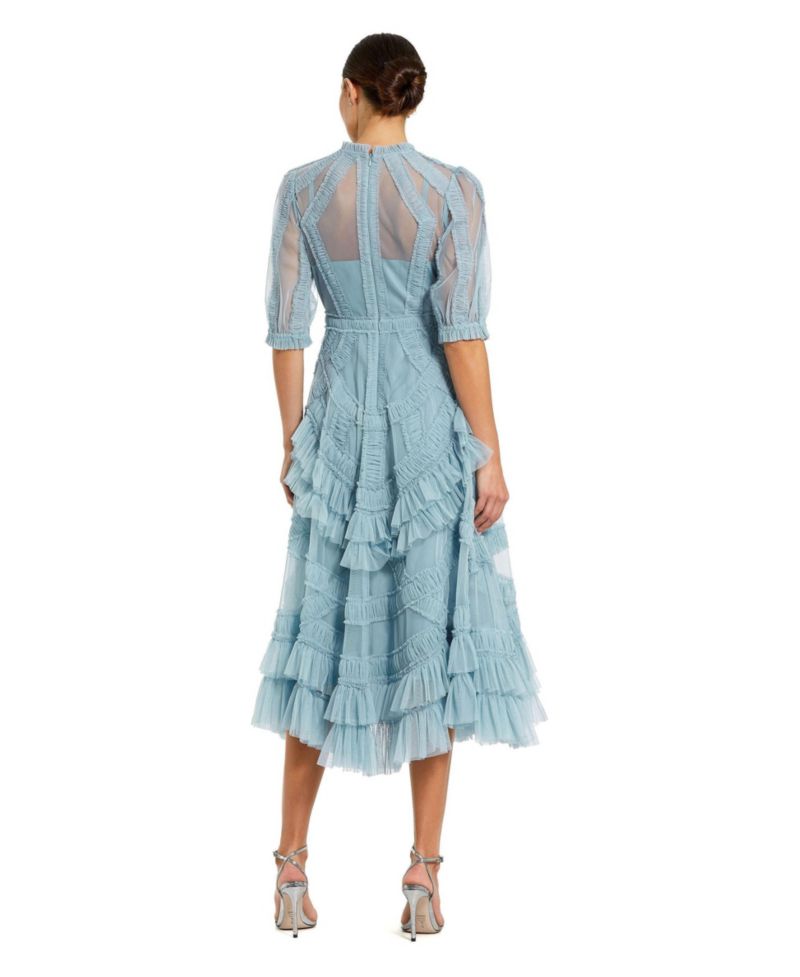 Petite Illusion High Neck Tiered Ruffle A-Line Midi Dress