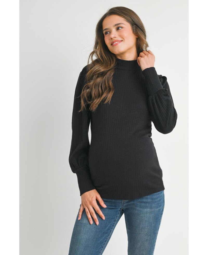 Women's Ribbed Mock-Neck Puff-Sleeve Top
