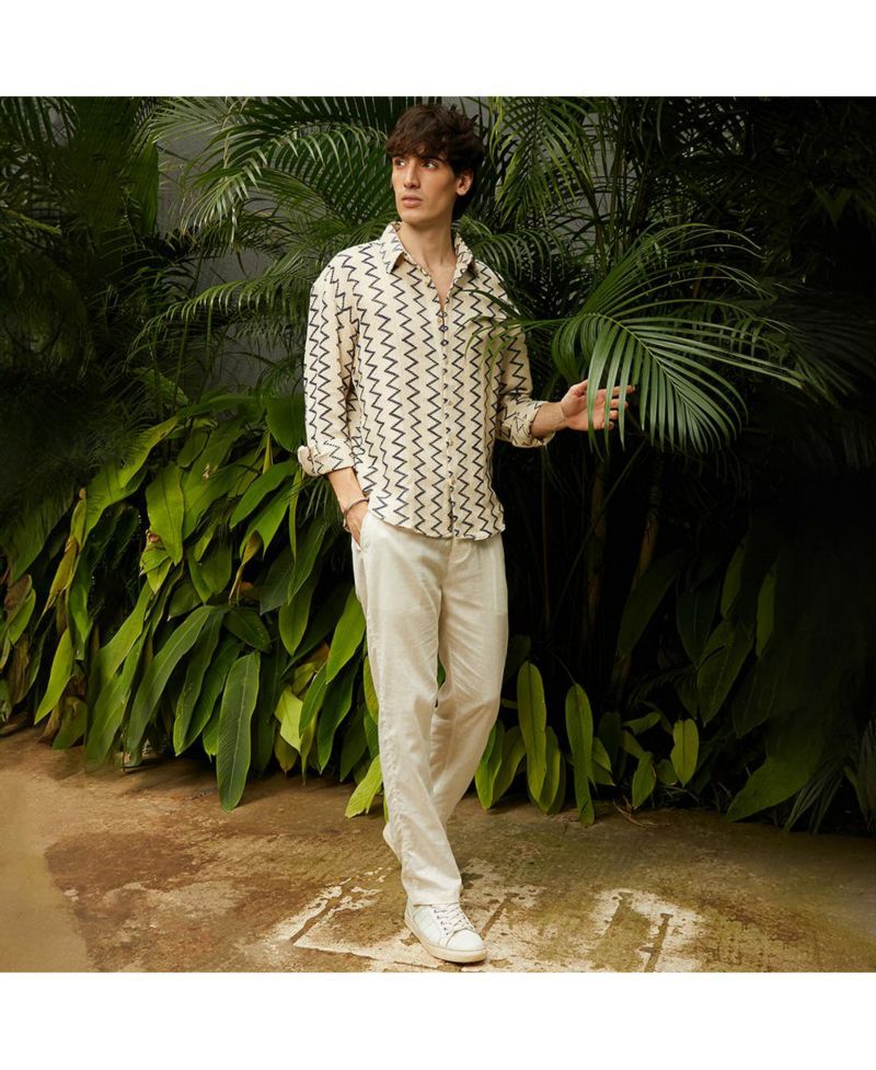 Men's Cream White Zig-Zag Knit Shirt