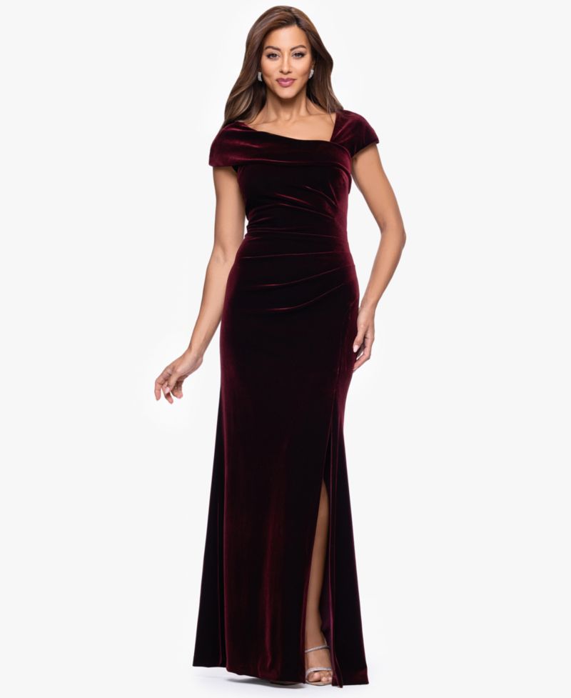 Women's Asymmetrical Neck Cap Sleeve Velvet Dress