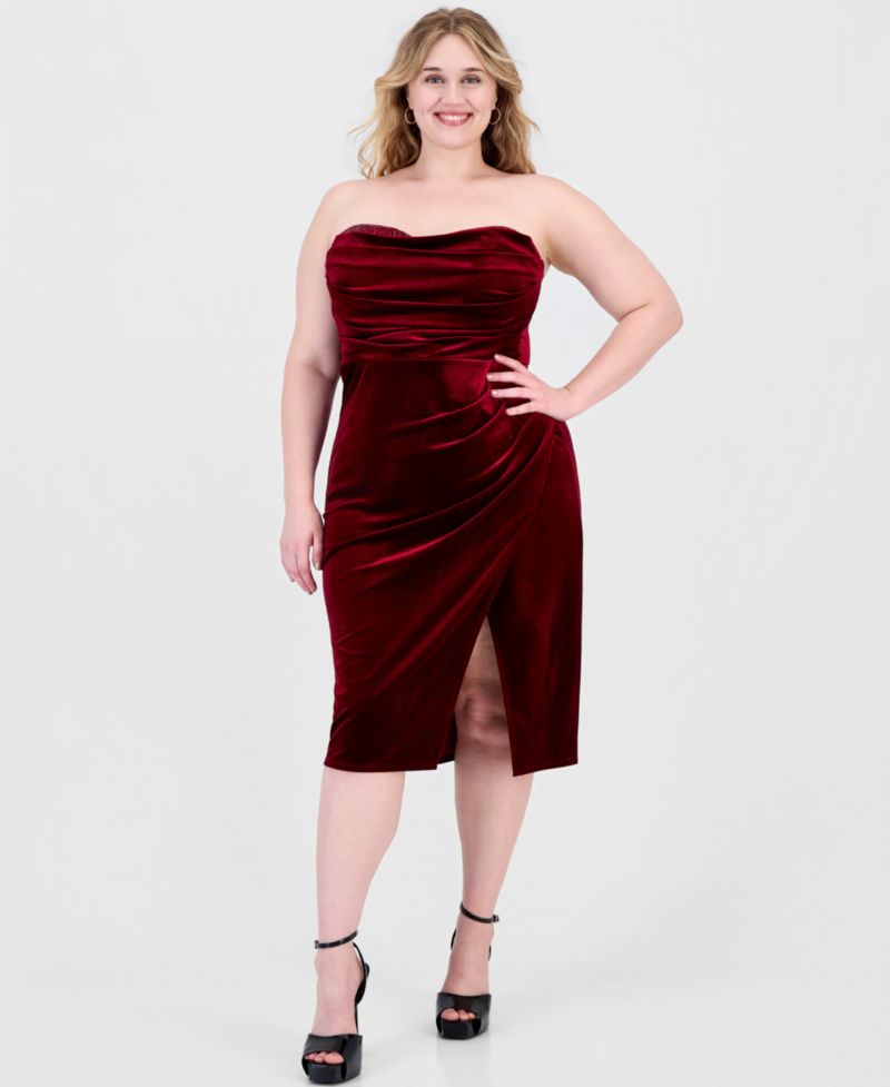 Plus Size Strapless Velvet Embellished Midi Dress