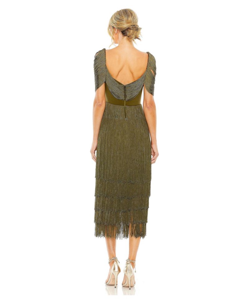 Women's Short Sleeve Fringe Detailed Midi Dress