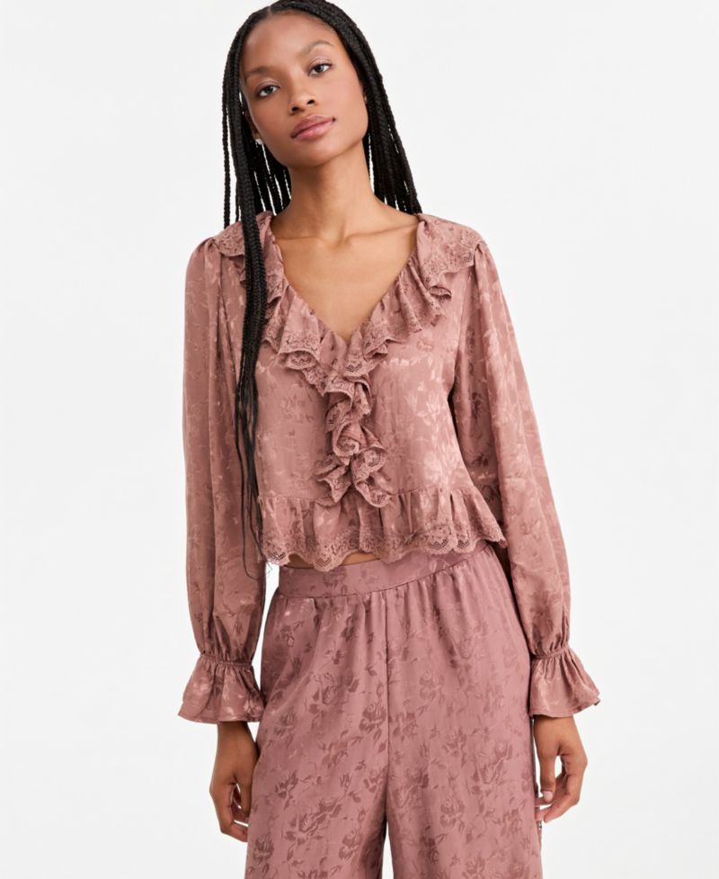 Petite Balloon-Sleeve Ruffle-Jacquard Blouse