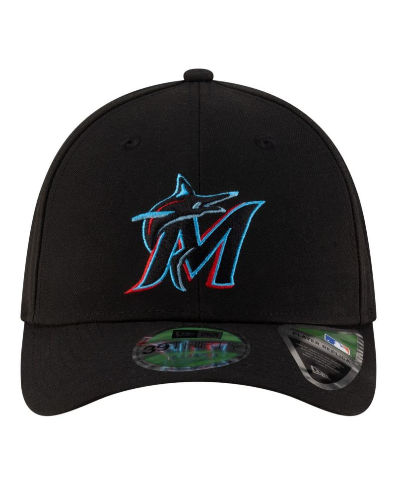 Men's Black Miami Marlins Player Replica 39THIRTY M-Crown Flex Hat