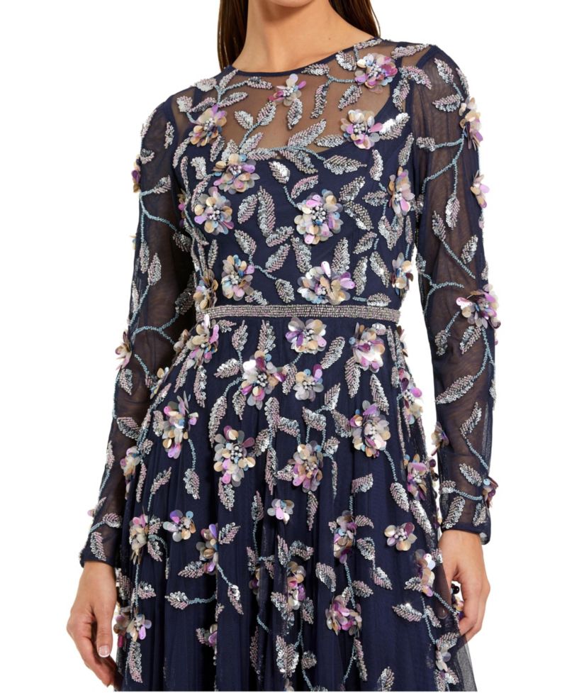 Petite Long Sleeve Mesh Gown with Beaded Floral Applique