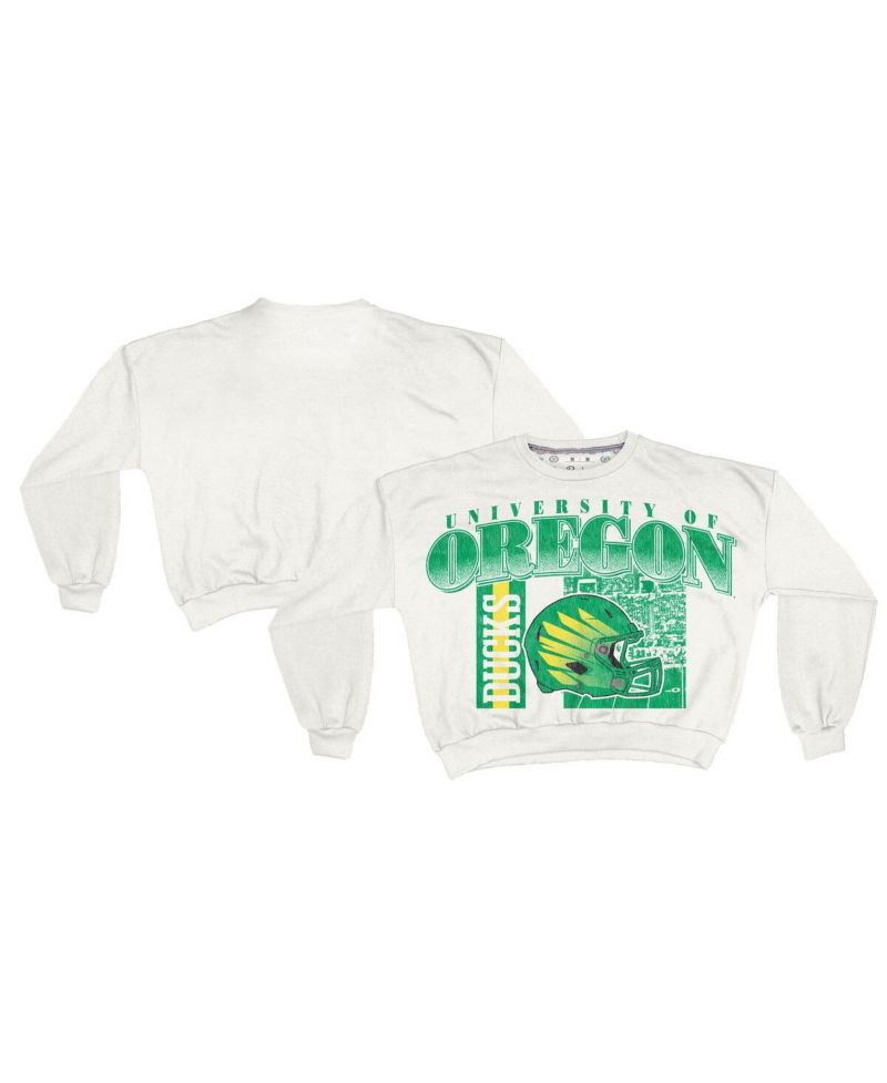 Women's White Oregon Ducks Oversized Janice Retro Waist-Length Sweatshirt