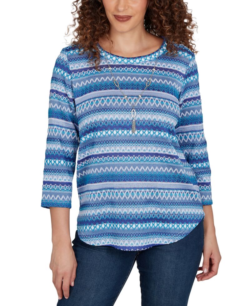 Petite Textured-Stripe 3/4-Sleeve Crewneck T-Shirt