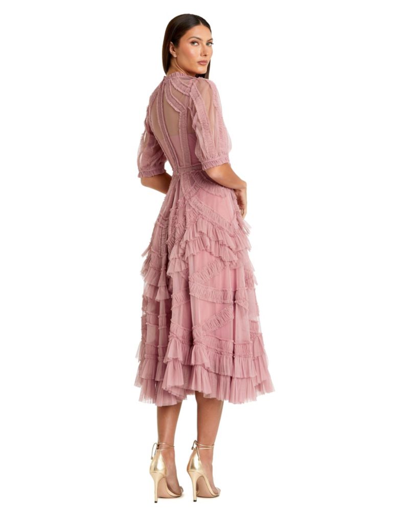 Petite High Illusion Neck Ruffle Tiered A-Line Midi Dress