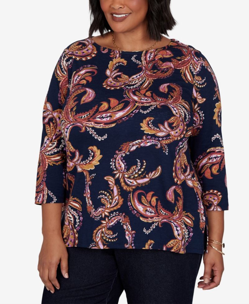 Plus Size Paisley 3/4-Sleeve Boat-Neck T-Shirt