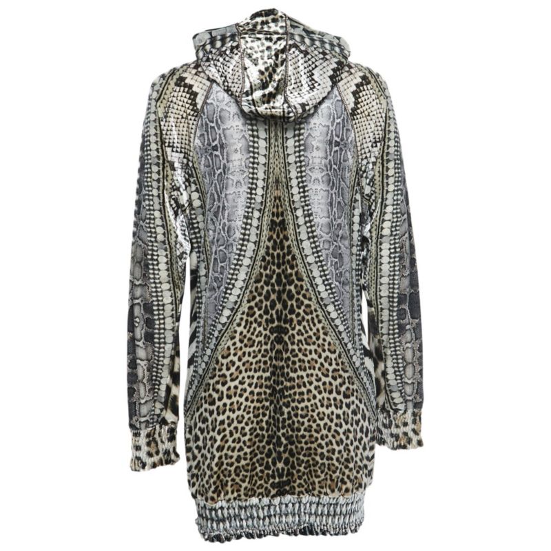 Women's Black/white Printed Velvet Zip Front Hooded Jacket