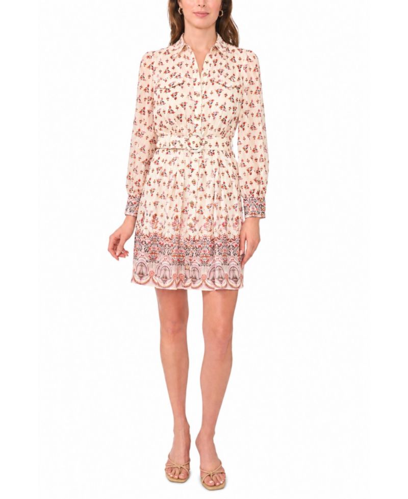 Women's Floral-Print Long-Sleeve Collared Dress