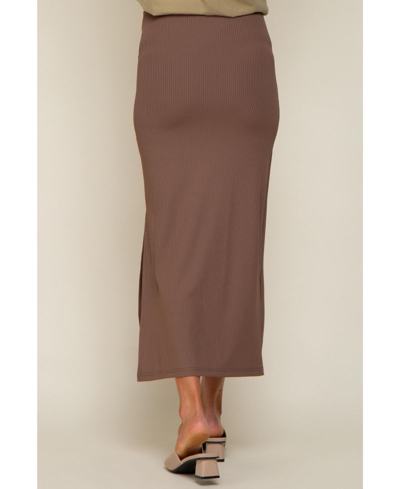 Women's Mocha Ribbed Side Slit Midi Skirt