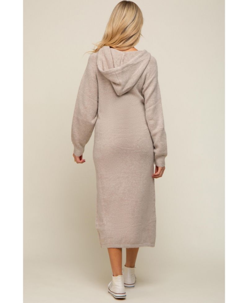 Maternity Beige Hooded Sweater Midi Dress