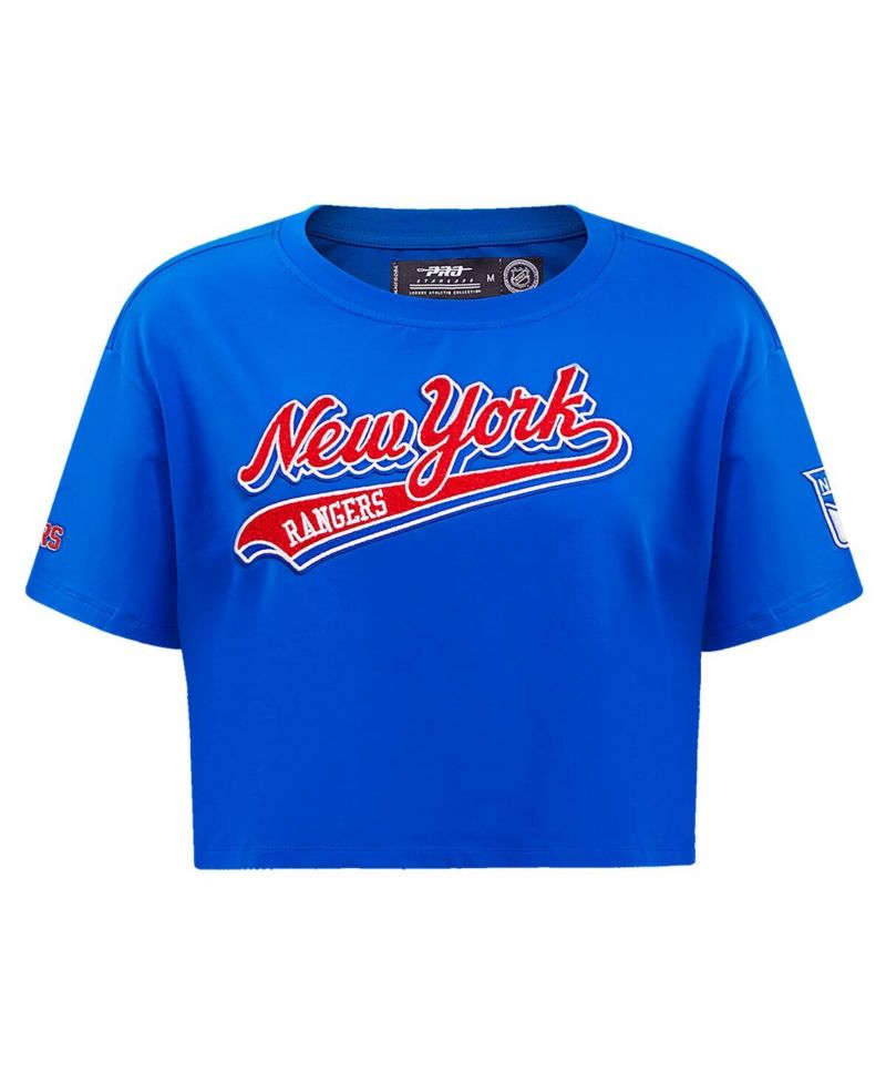 Women's Blue New York Rangers Boxy Script Tail Cropped T-shirt