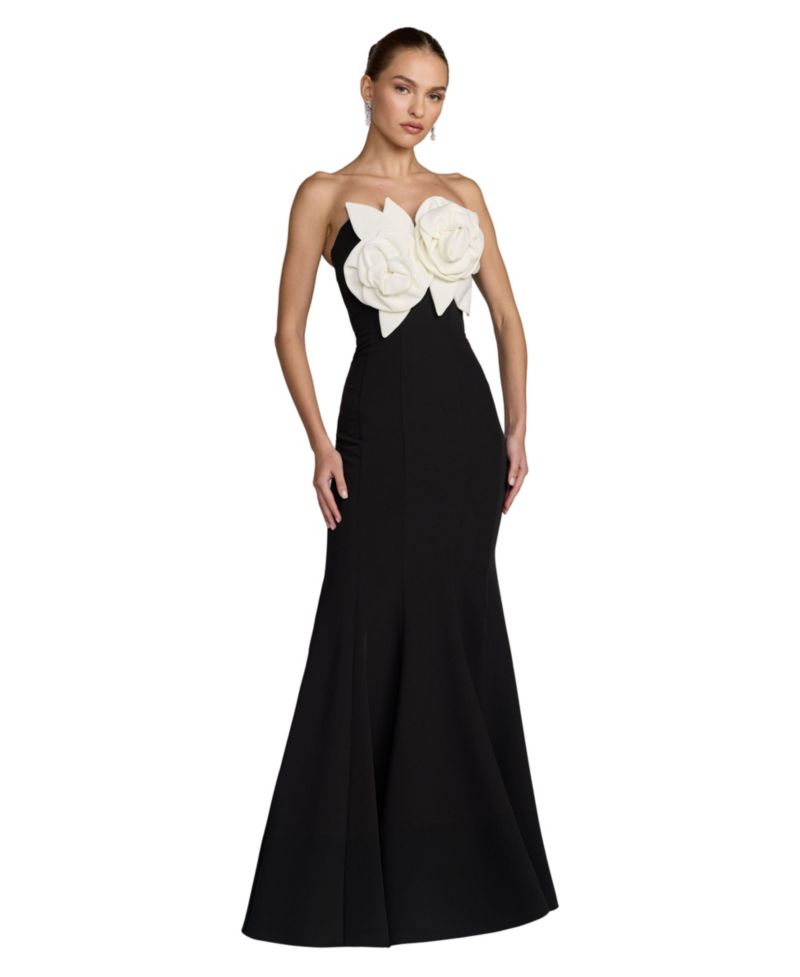Women's Crepe Strapless Mermaid Gown With 3D Flowers