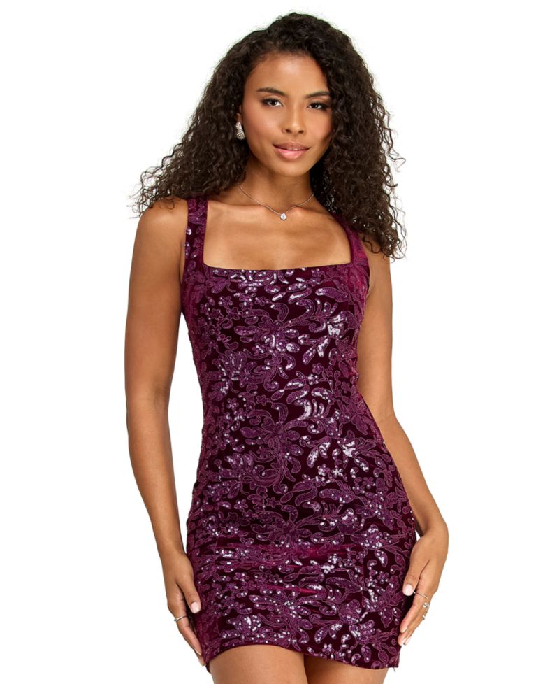 Juniors' Sequined Velvet Lace Up Open-Back Mini Dress