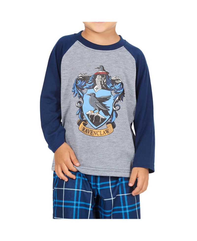 Boys' Plaid Hogwarts Houses Crest Raglan Kids 2Piece Pajama Set - Gryffindor Hufflepuff Slytherin Ravenclaw